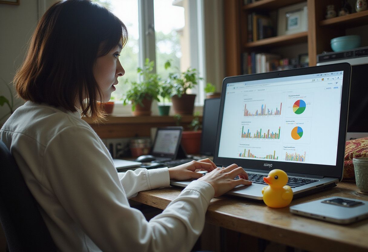 A woman reflects on perplexing SEO data amid charming clutter