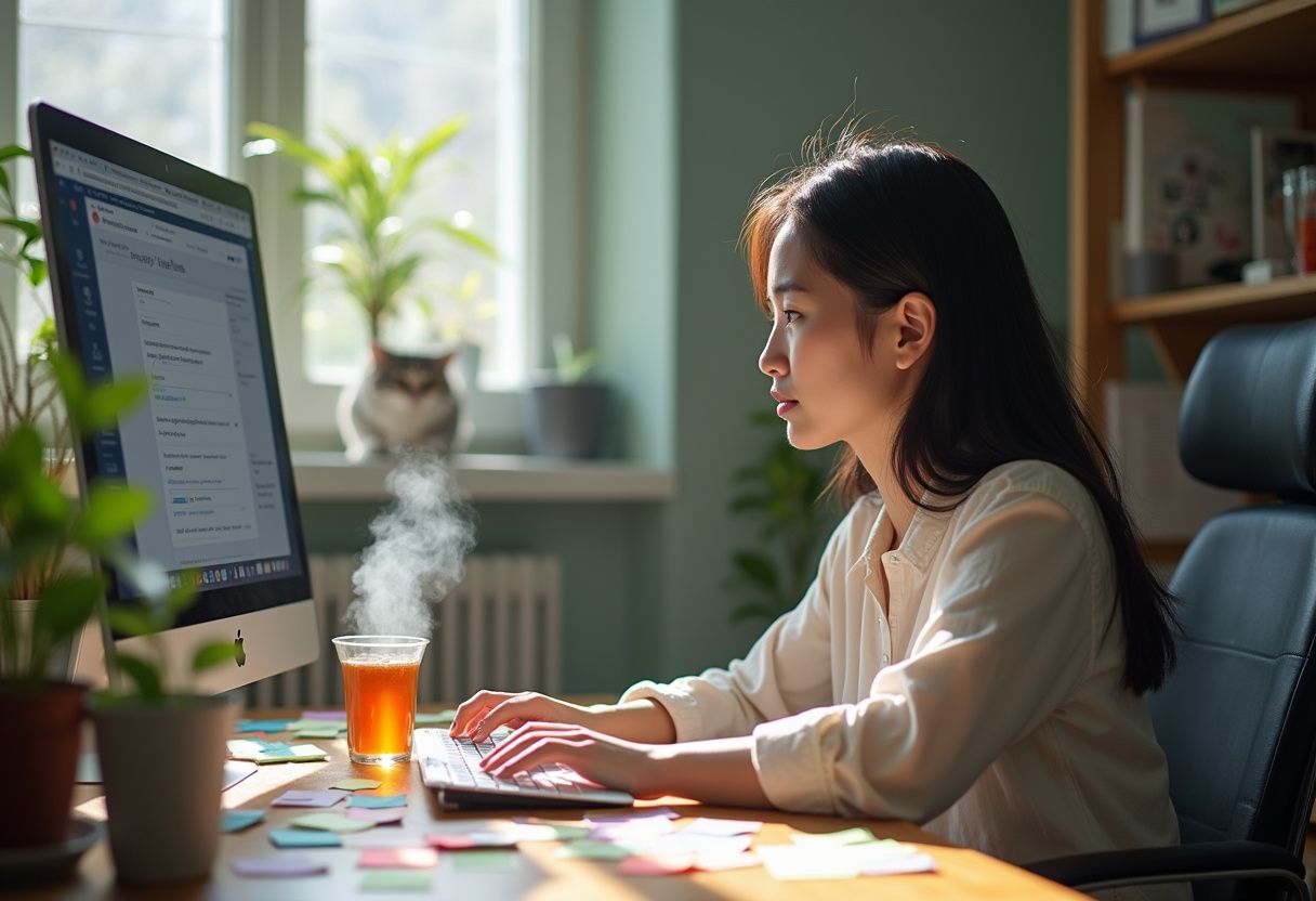 A young woman navigates website admin duties amidst charming desk chaos