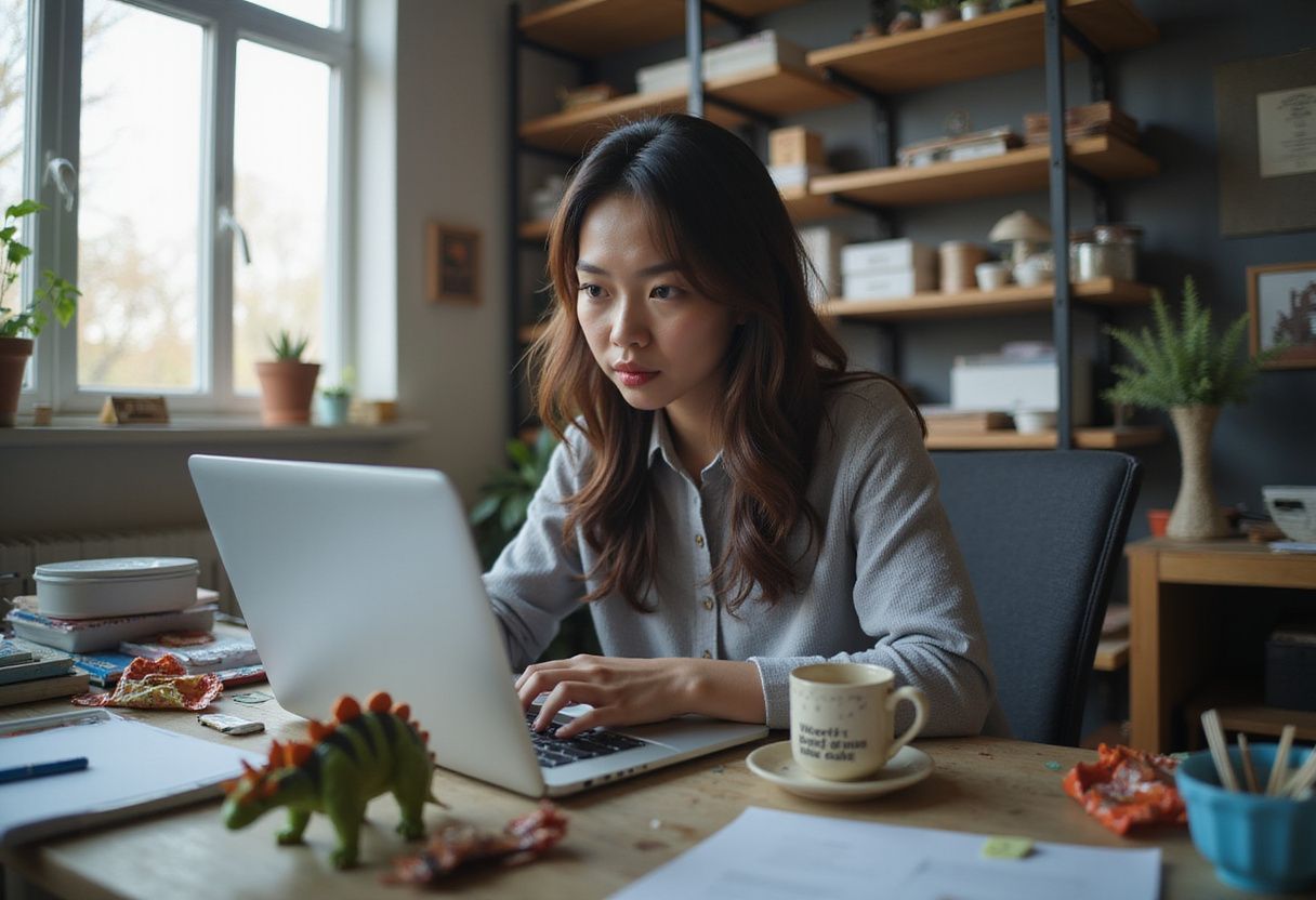 A determined woman multitasks coding amid clutter and playful distractions
