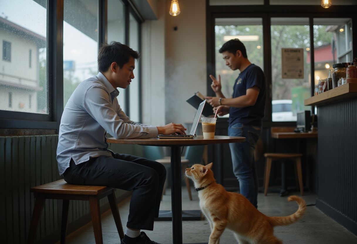 A man battles Bing Webmaster Tools while a cat eyes his coffee