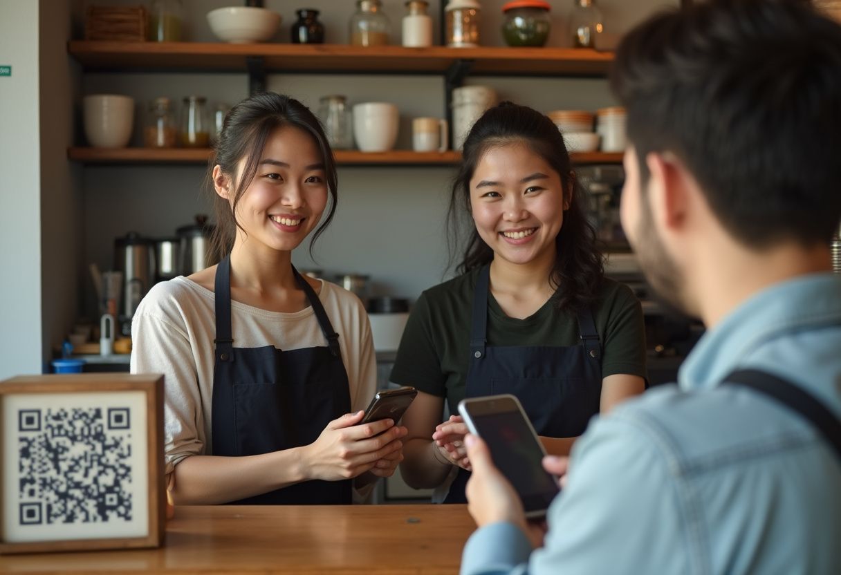 Happy Malaysian customers leaving positive reviews on mobile devices to boost local business Bing SEO