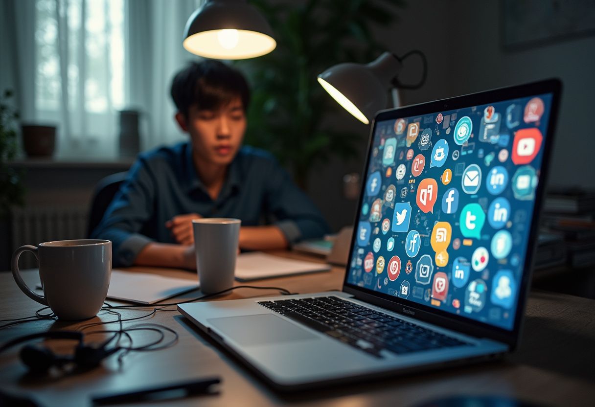 A cluttered desk features a laptop screen full of social media icons
