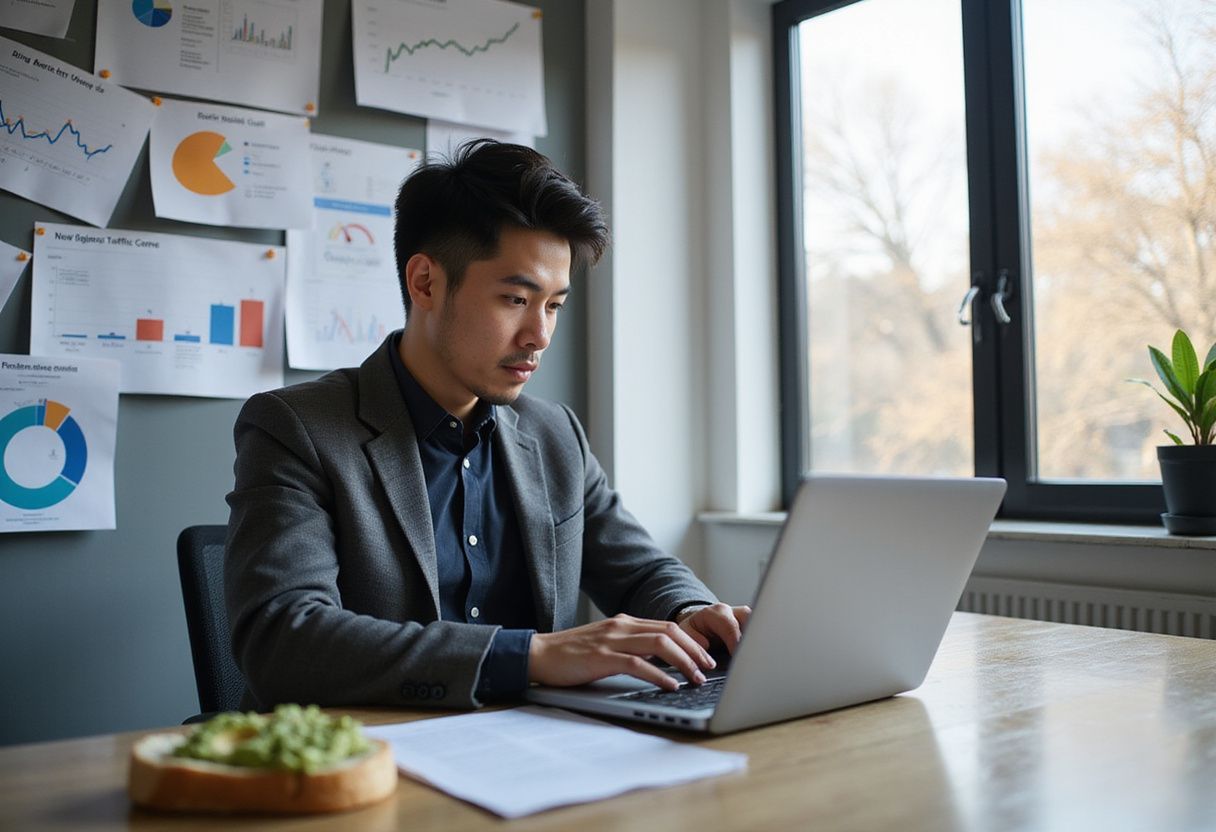 A man works amidst messy SEO charts and avocado toast
