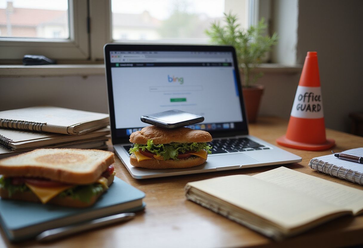 A chaotic desk scene featuring a lunch sandwich and quirky decor