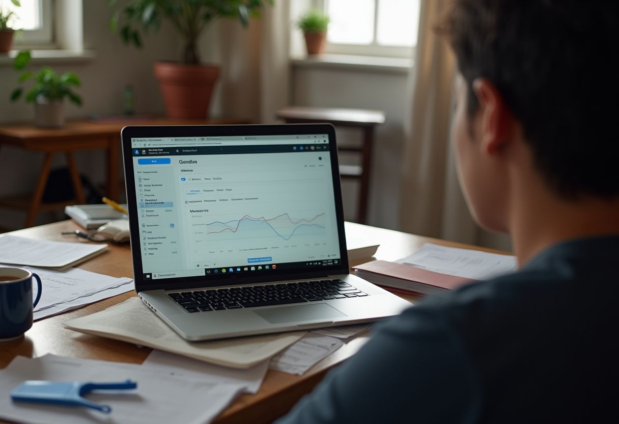 Malaysian small business owner analyzing Microsoft Advertising ROI and cost comparison on laptop