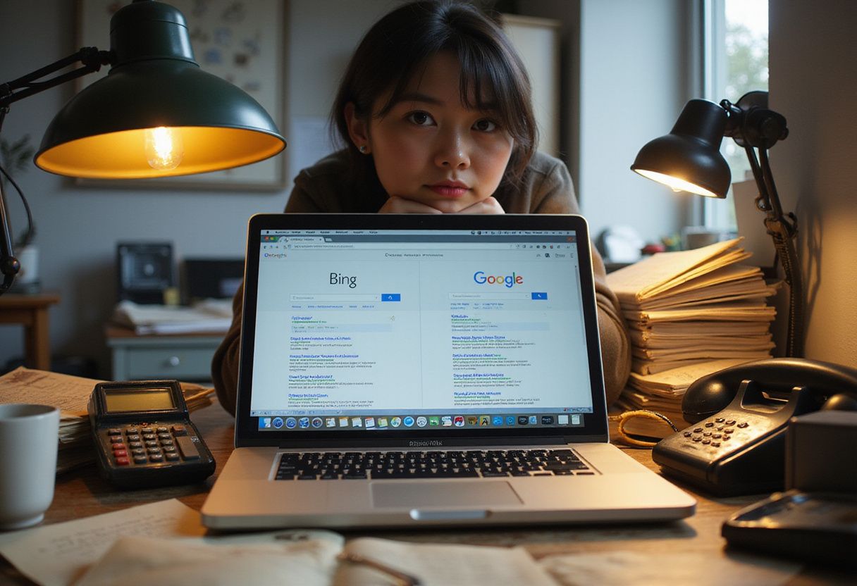 Malaysian user browsing with Microsoft Edge featuring Bing AI search on laptop showing increased market share statistics