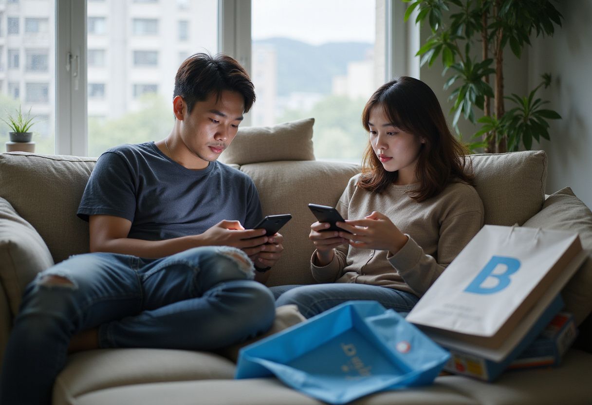 A couple lounges distractedly in a modern living room, surrounded by shopping bags