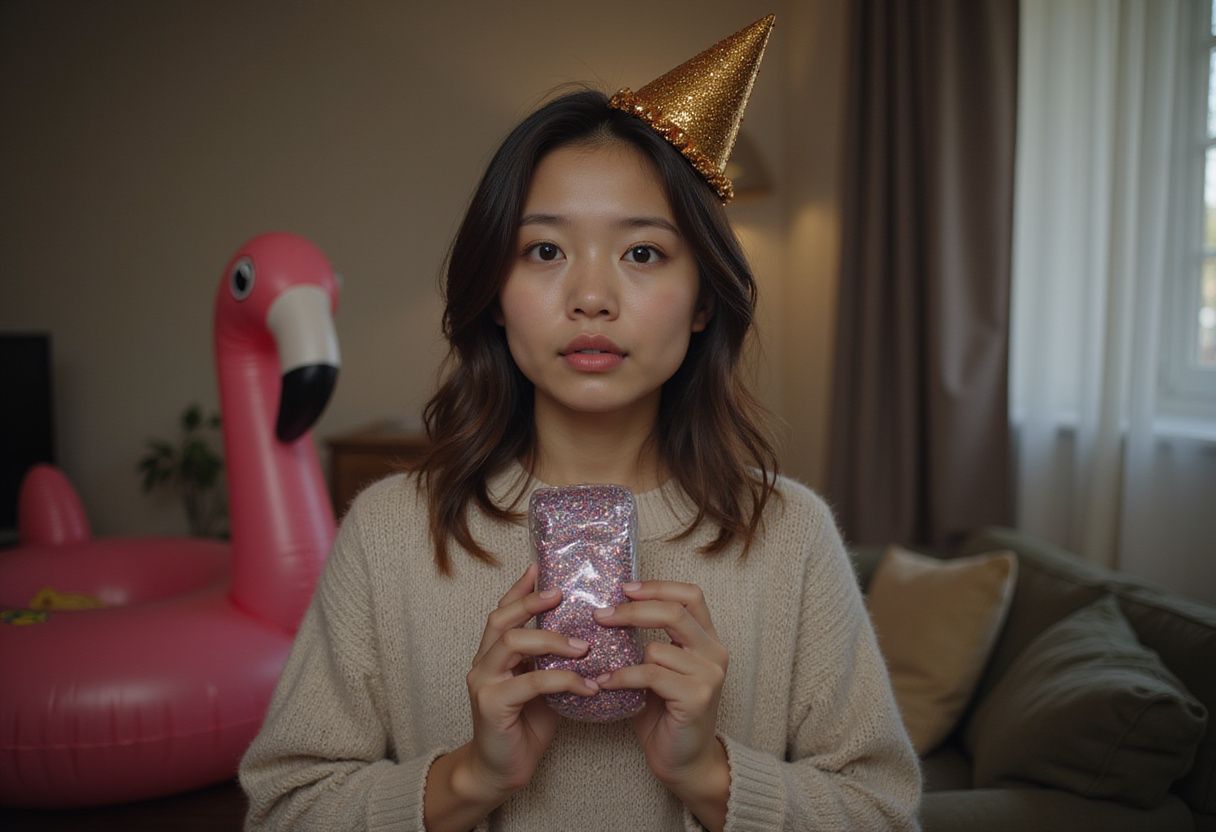 A young woman joyfully celebrates winning glittery socks at home