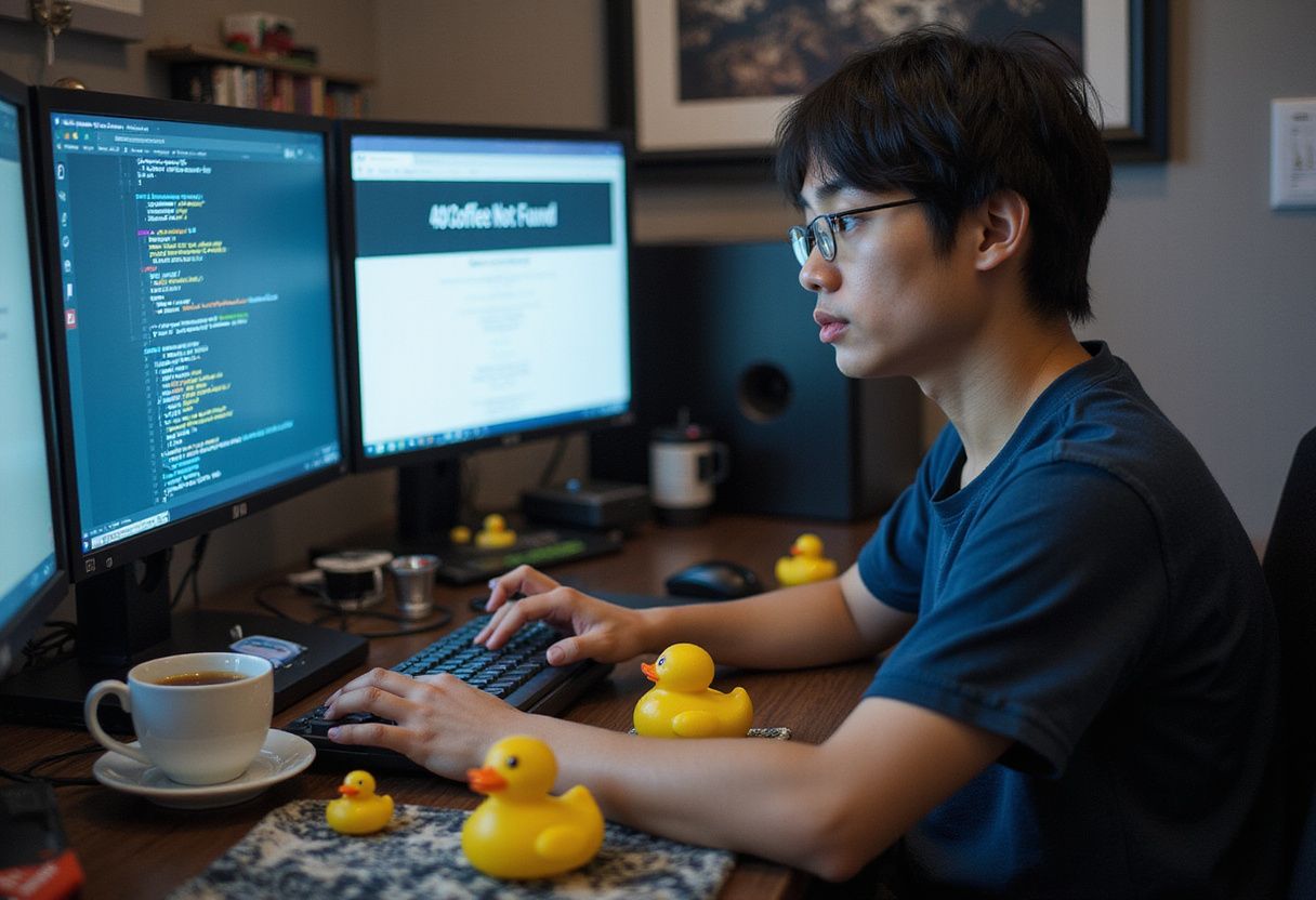 A web developer tests browsers amid whimsical clutter and rubber ducks