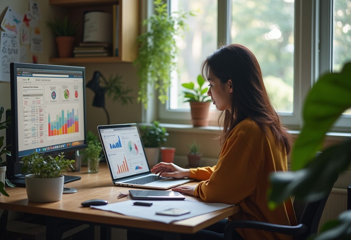 A woman reacts to unexpectedly high website engagement at her office desk