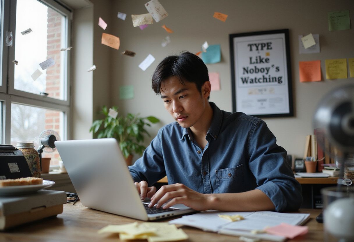 A person types frantically amidst chaotic desk clutter and motivational irony