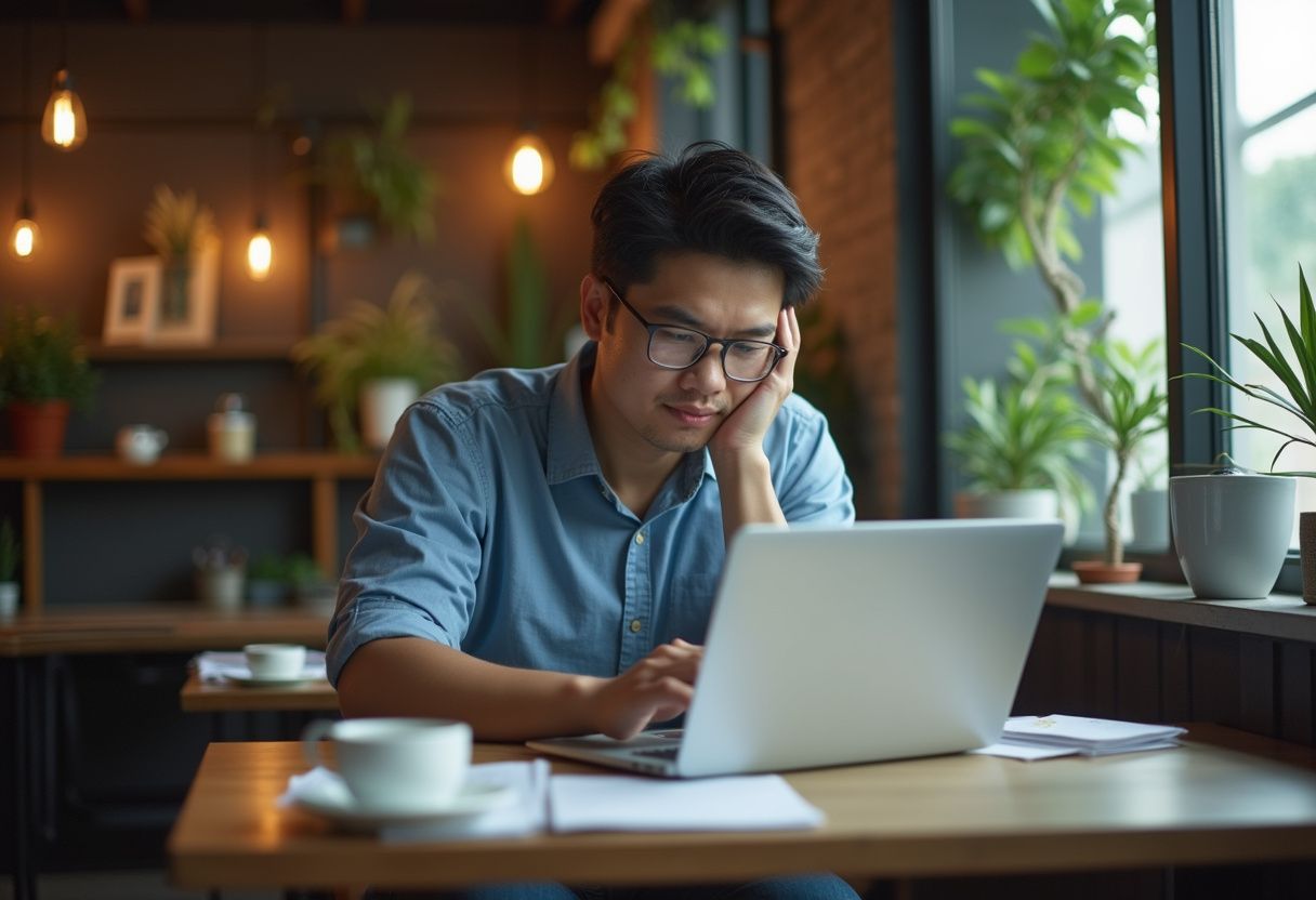 Malaysian business owner discovering Bing SEO opportunities on laptop